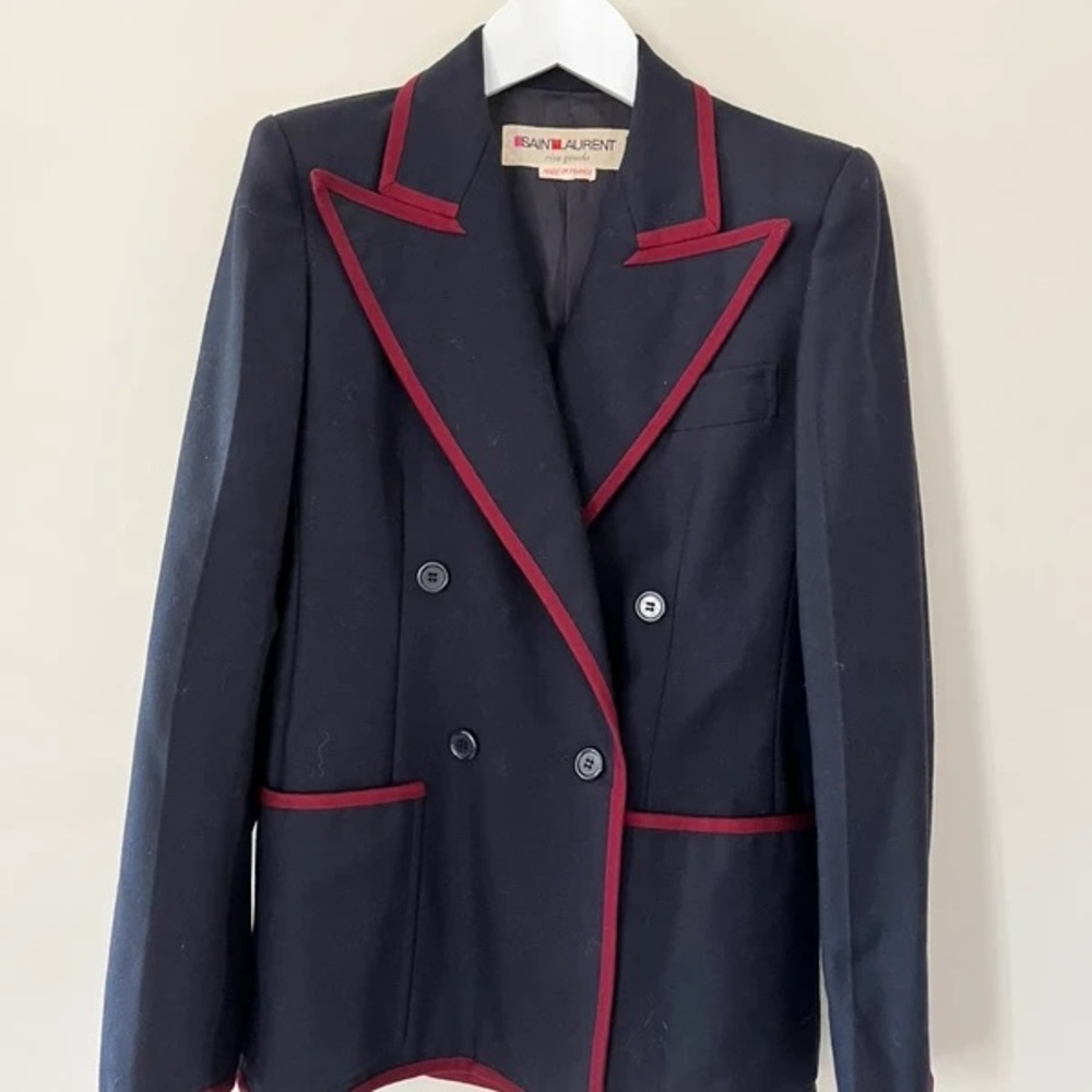 Saint Laurent Dark Blue Blazer with Burgundy Accents